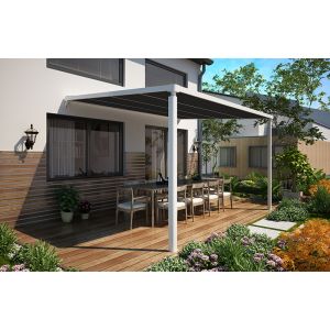 Store pergola adossée à toile rétractable - <strong>Armature blanc RAL 9016 - toile gris anthracite</strong> - Pluton 5600 - SUNNY INCH