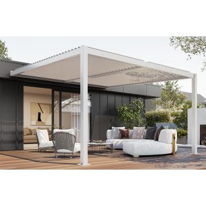 Pergola bioclimatique adossée à lames orientables en aluminium - <strong>Armature blanc RAL 9016</strong> - Pluton 5710 - SUNNY INCH