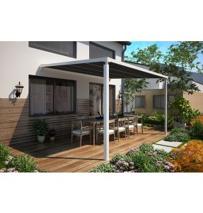 Store pergola adossée à toile rétractable - <strong>Armature blanc RAL 9016 - toile gris anthracite</strong> - Pluton 5600 - SUNNY INCH