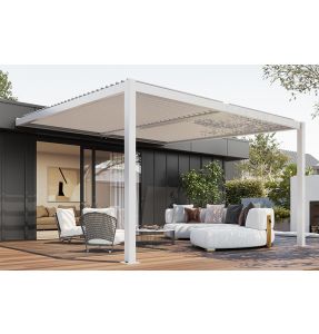 Pergola bioclimatique adossée à lames orientables en aluminium - <strong>Armature blanc RAL 9016</strong> - Pluton 5710 - SUNNY INCH