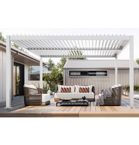 Pergola bioclimatique autoportante à lames orientables en aluminium - <strong>Armature blanc RAL 9016</strong> - Pluton 5700 - SUNNY INCH