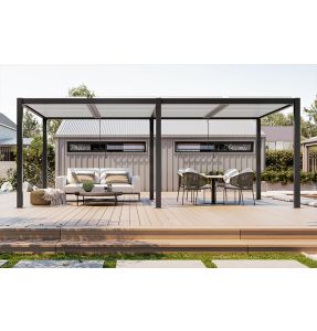 Pergola bioclimatique autoportante à lames orientables en aluminium - <strong>Armature gris anthracite RAL 7016 - Lames blanc RAL 9016</strong> - Pluton 5720 - SUNNY INCH